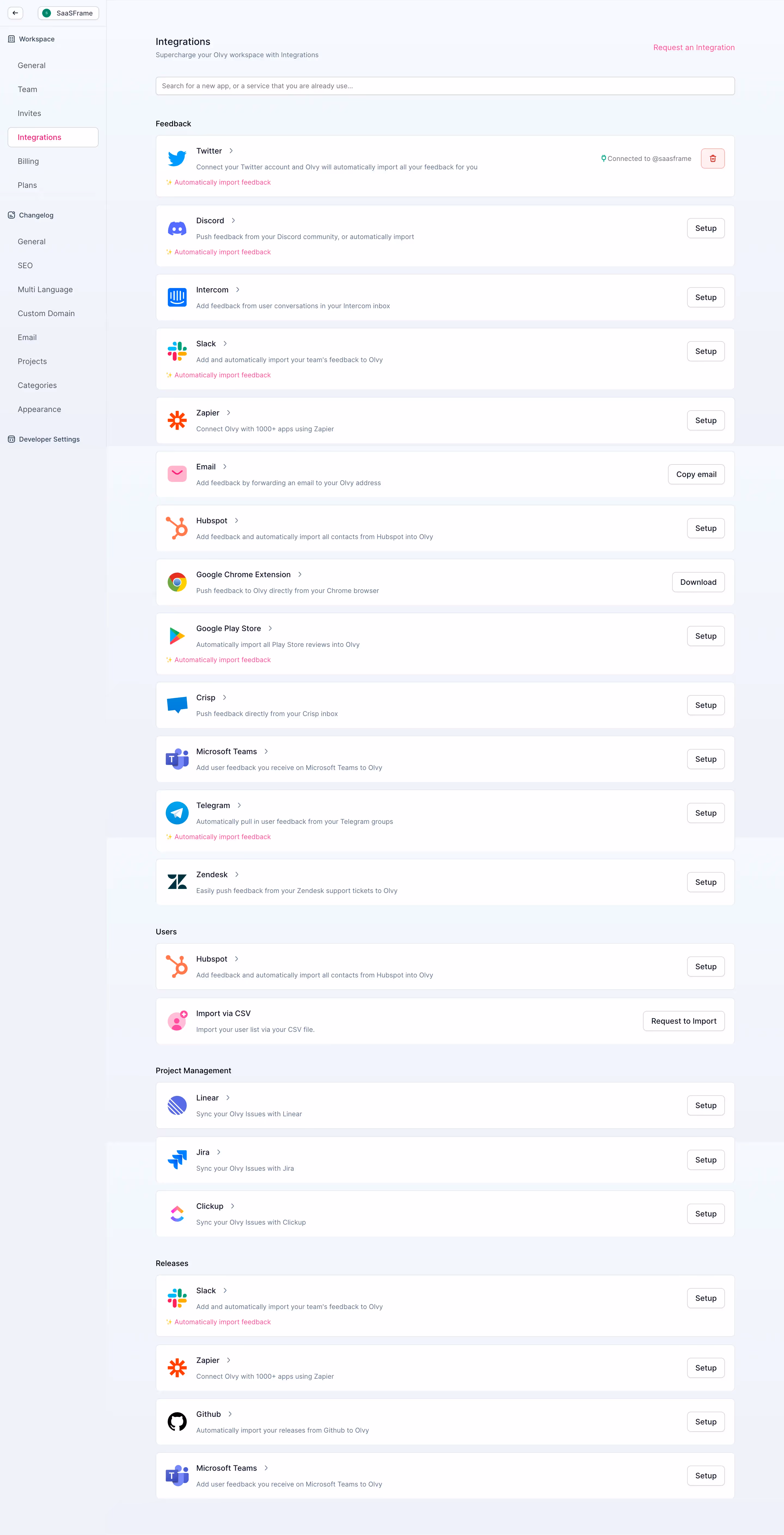 Olvy Integrations Settings