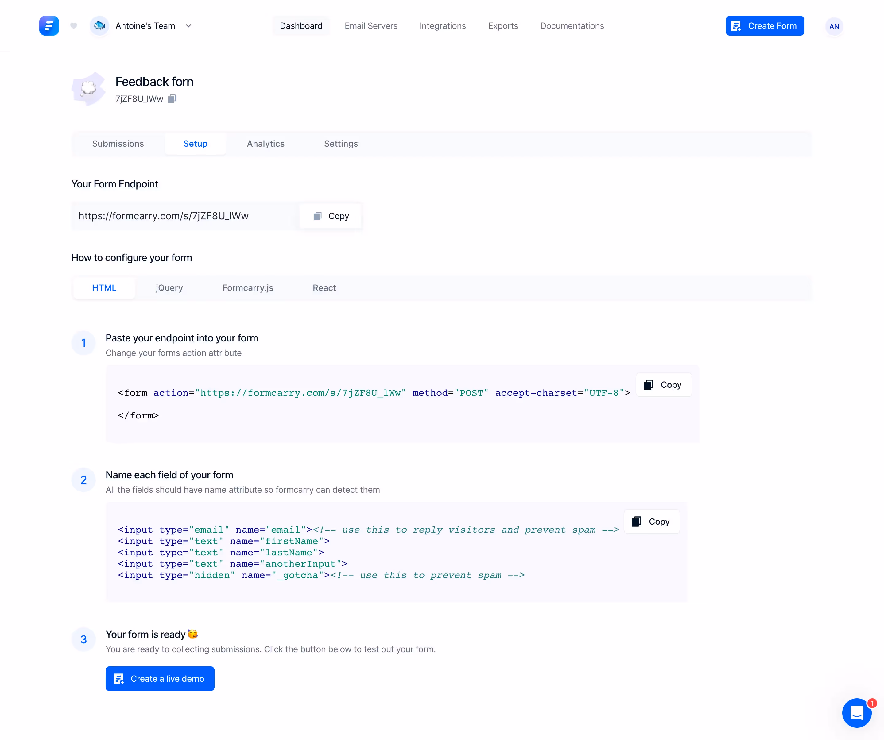 Formcarry Form Setup