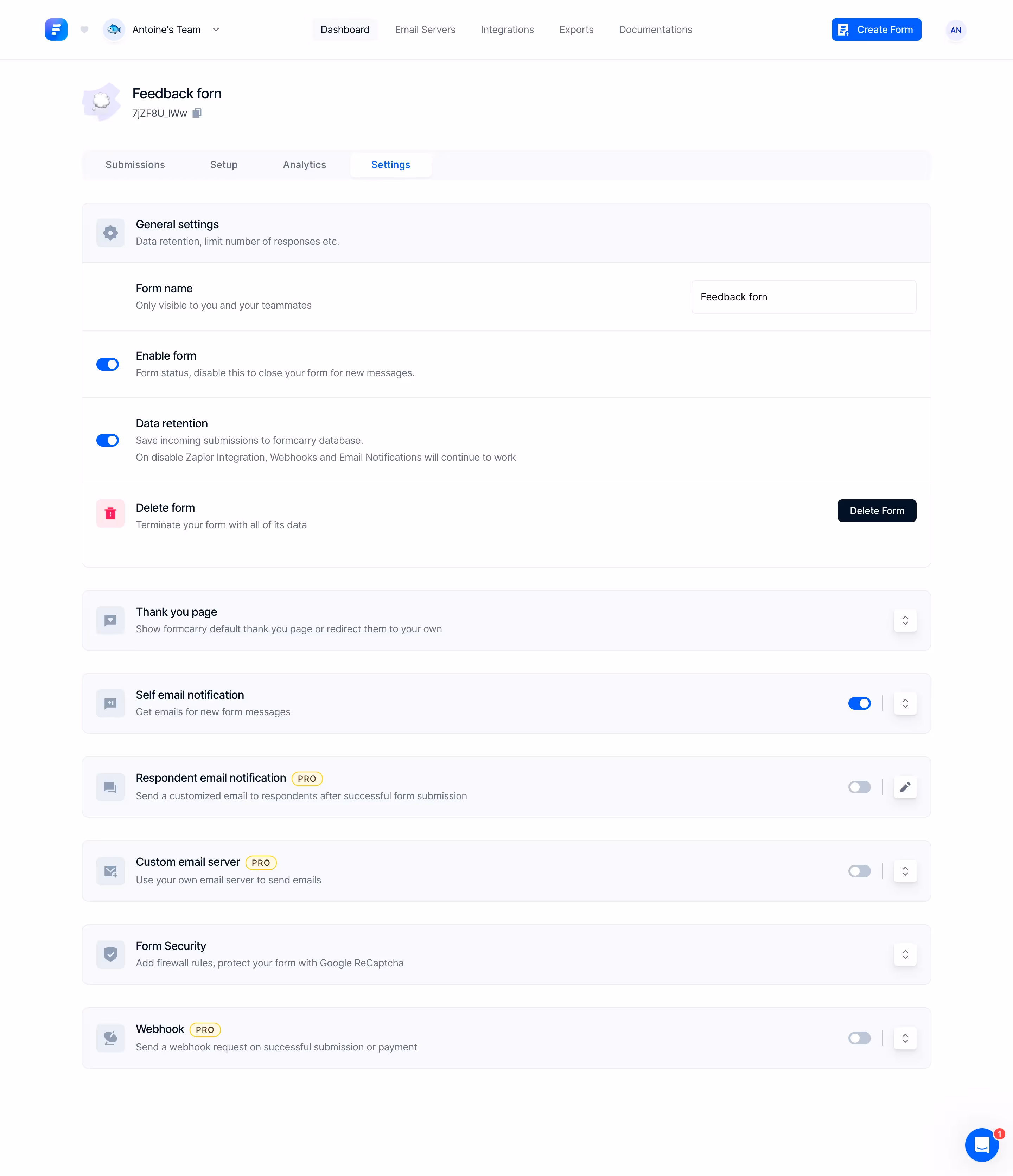 Formcarry Form Settings