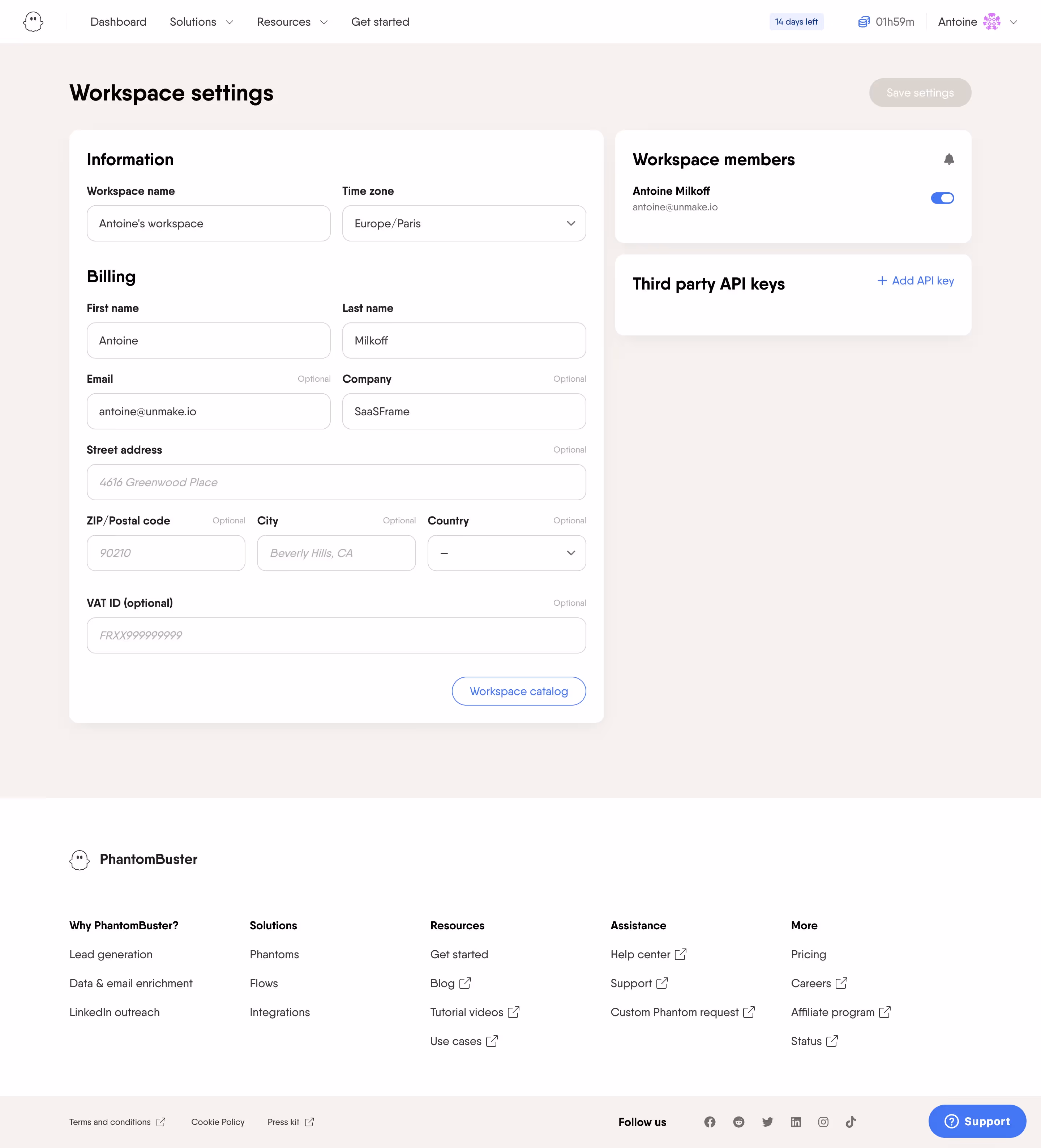Phantombuster Workspace Settings