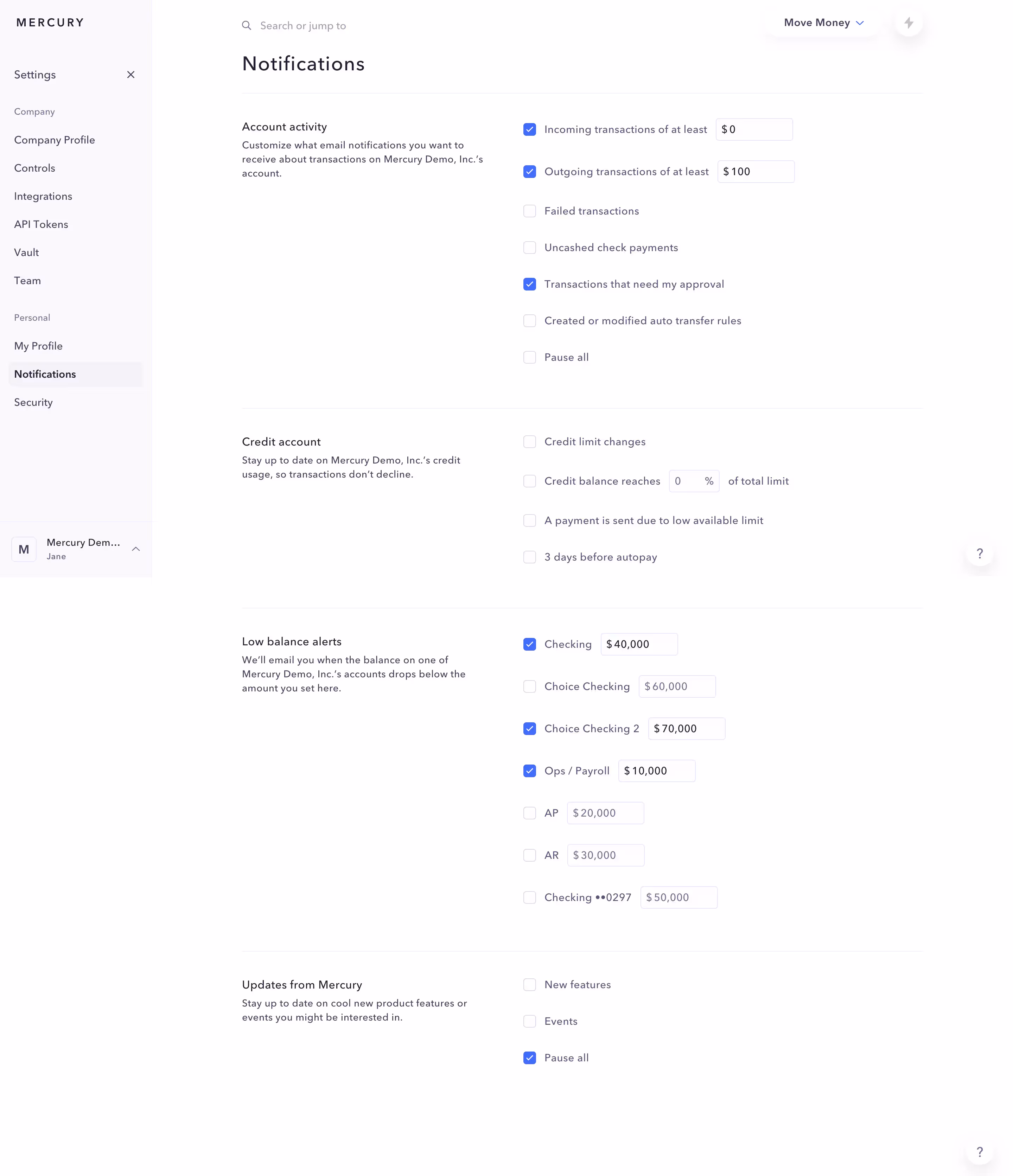 Mercury Notifications Settings