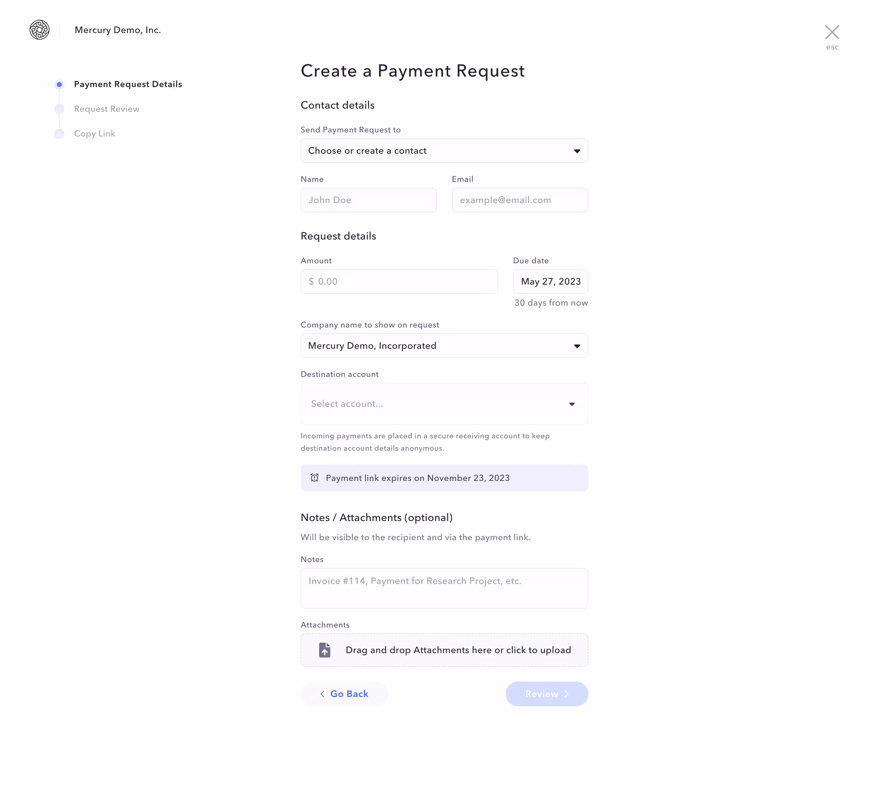 Mercury Create A Payment Request