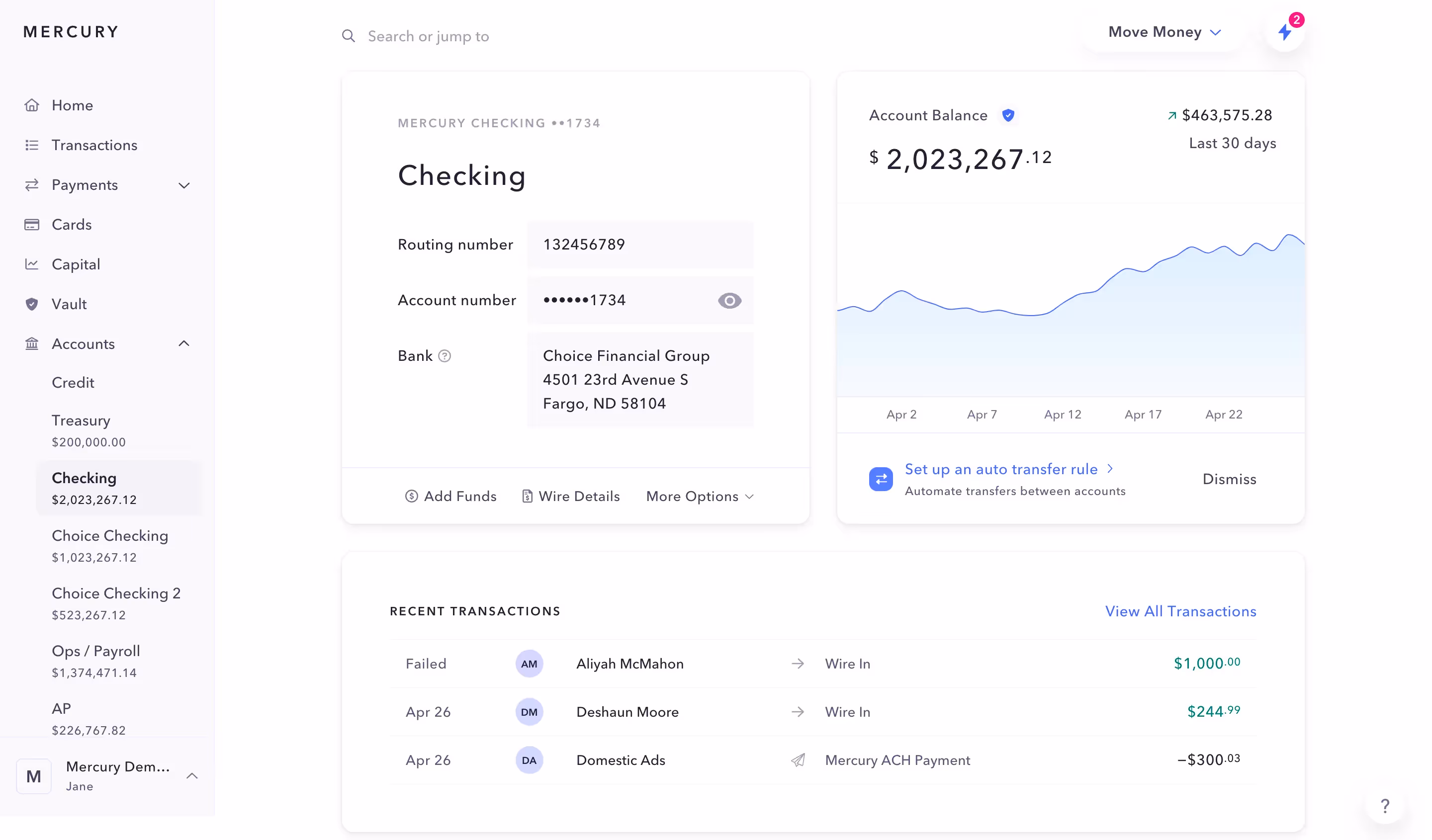 Mercury Checking Dashboard