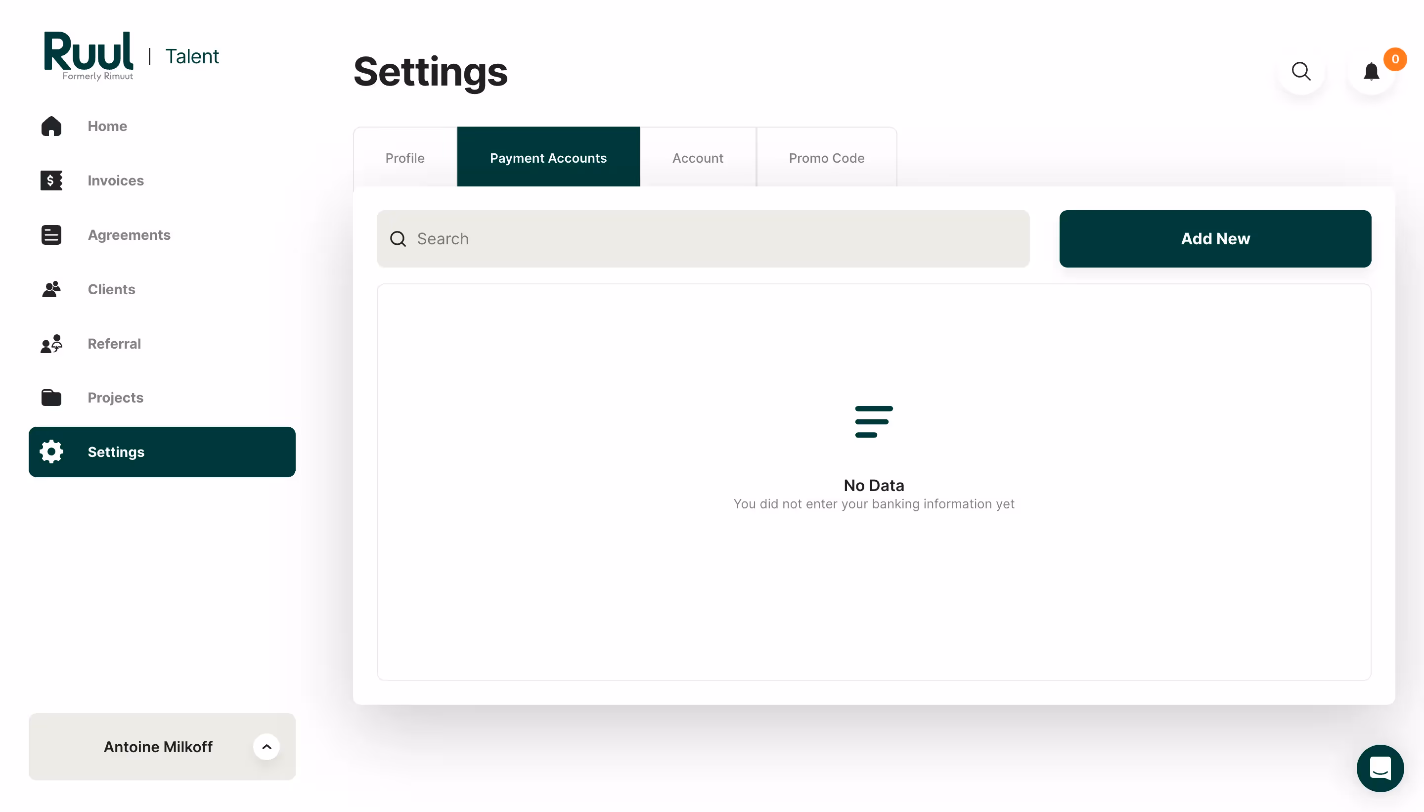 Ruul Add Banking Information