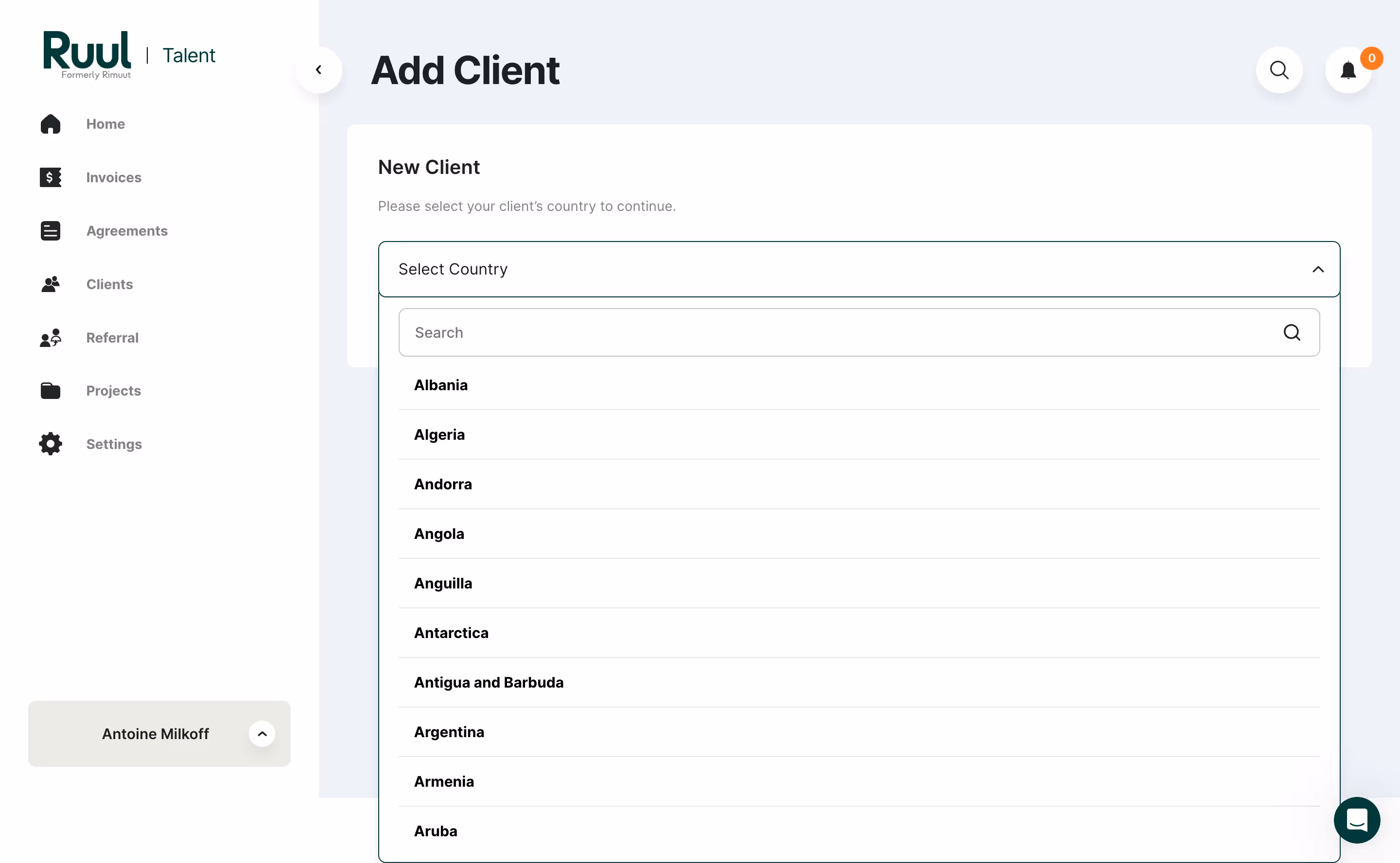 Ruul Select Client Country