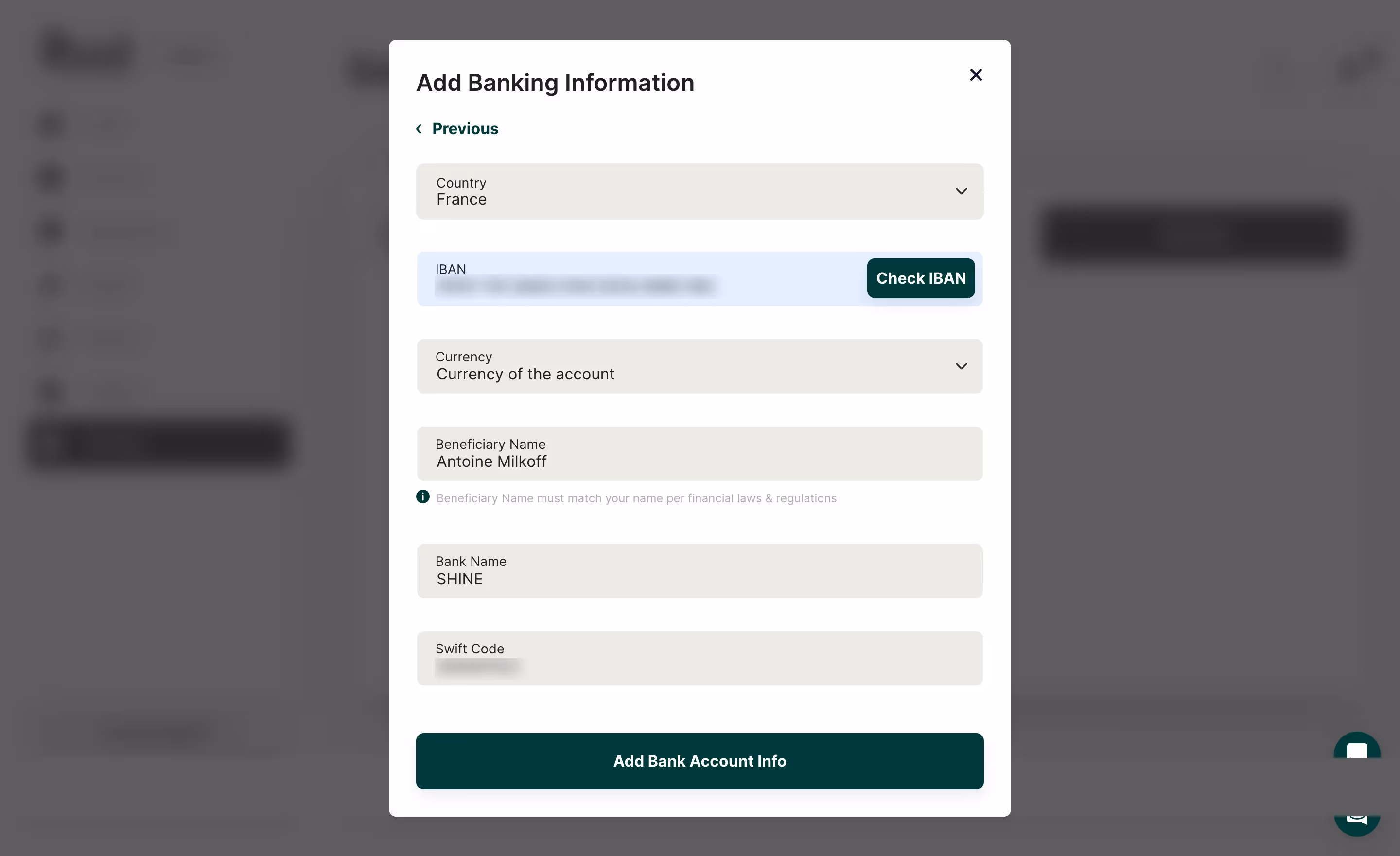 Ruul Add Banking Information