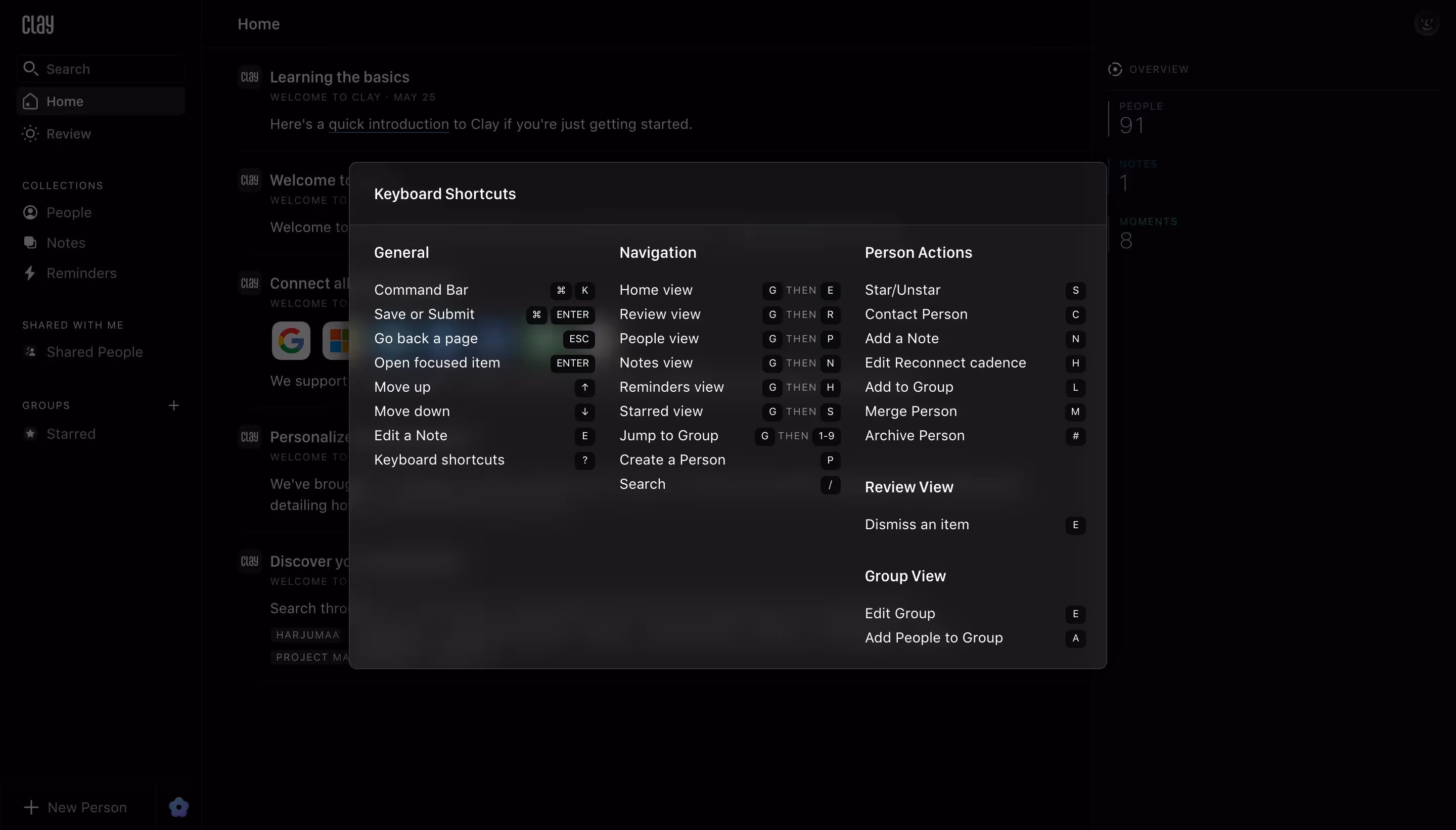 Clay Keyboard Shortcuts