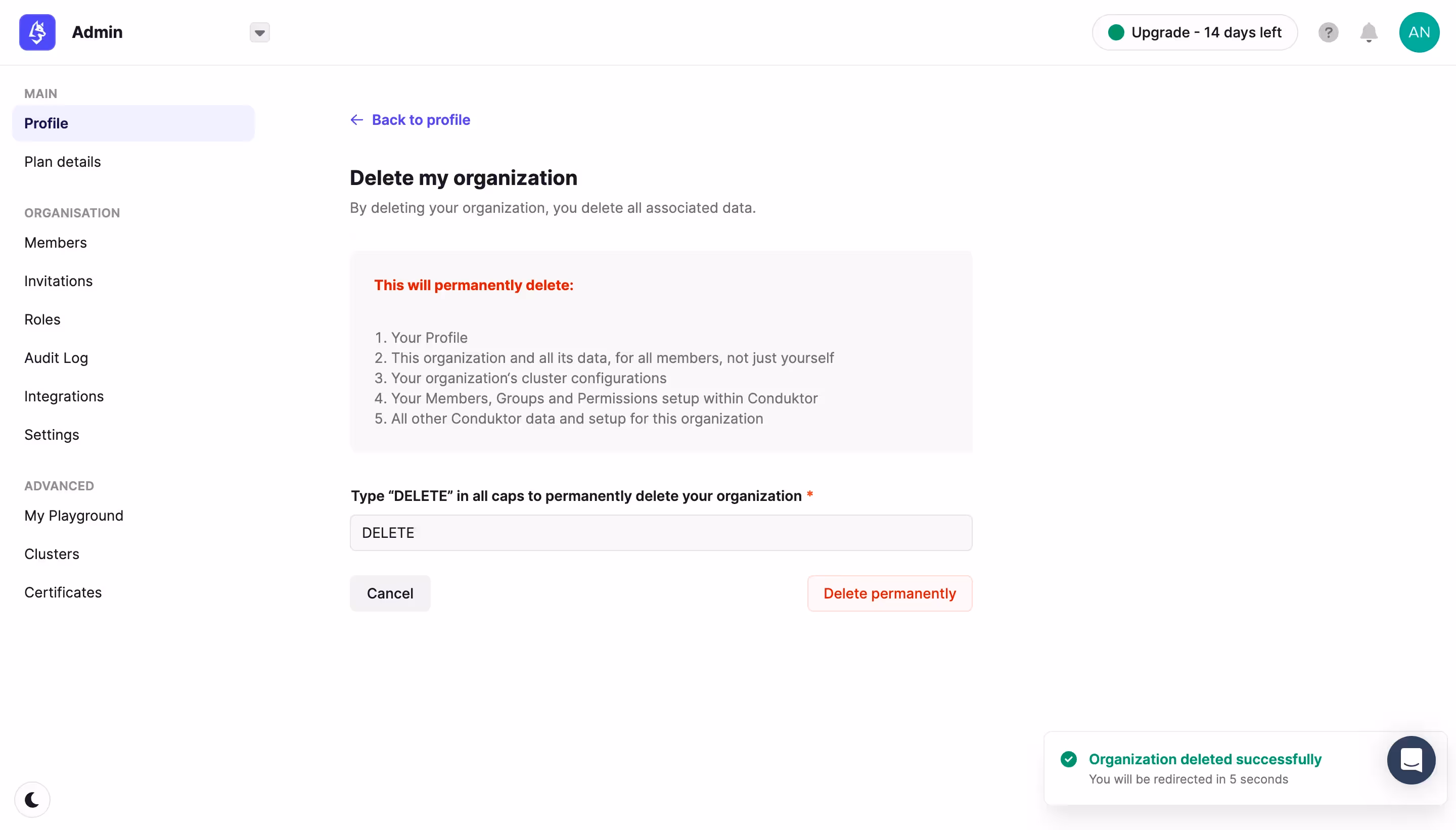 Conduktor Delete Account