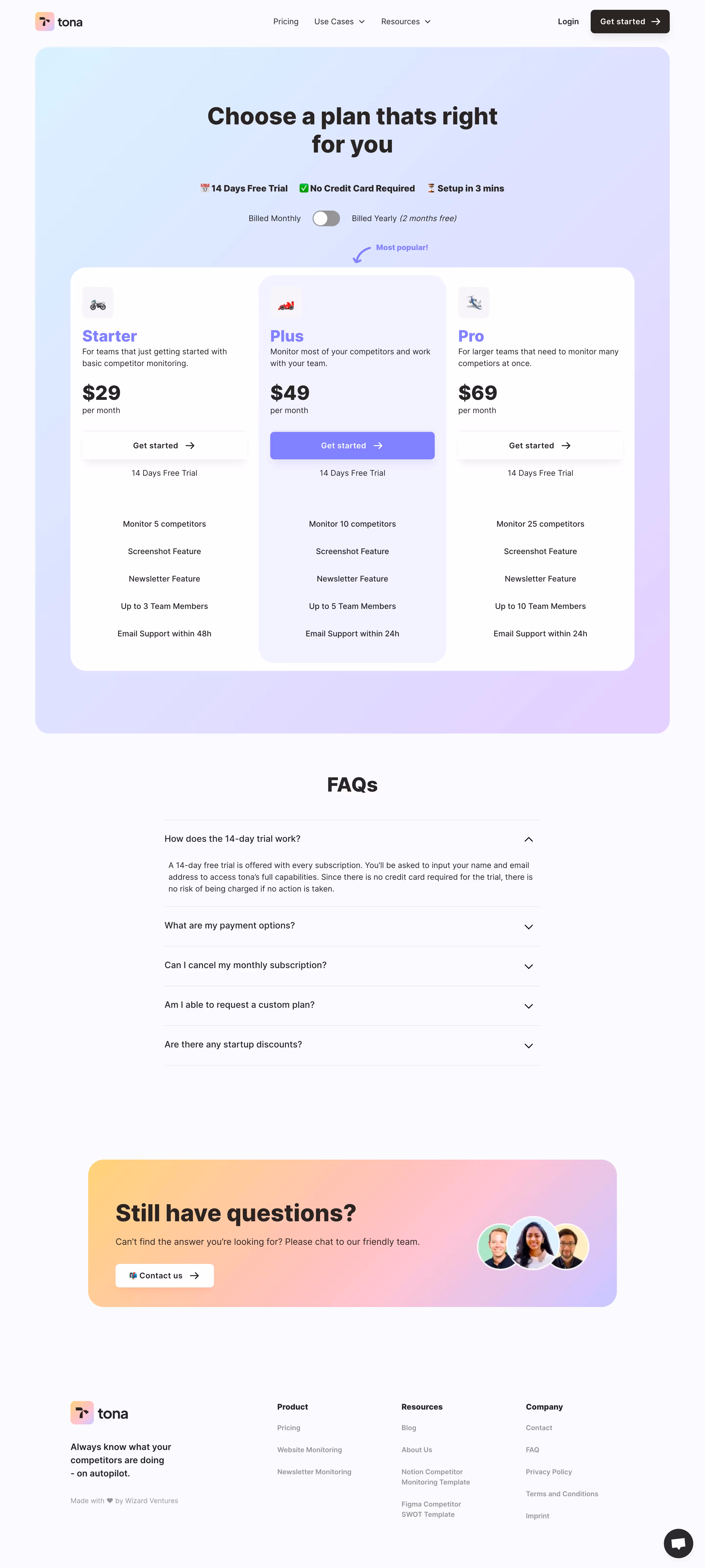 Tona Pricing Page