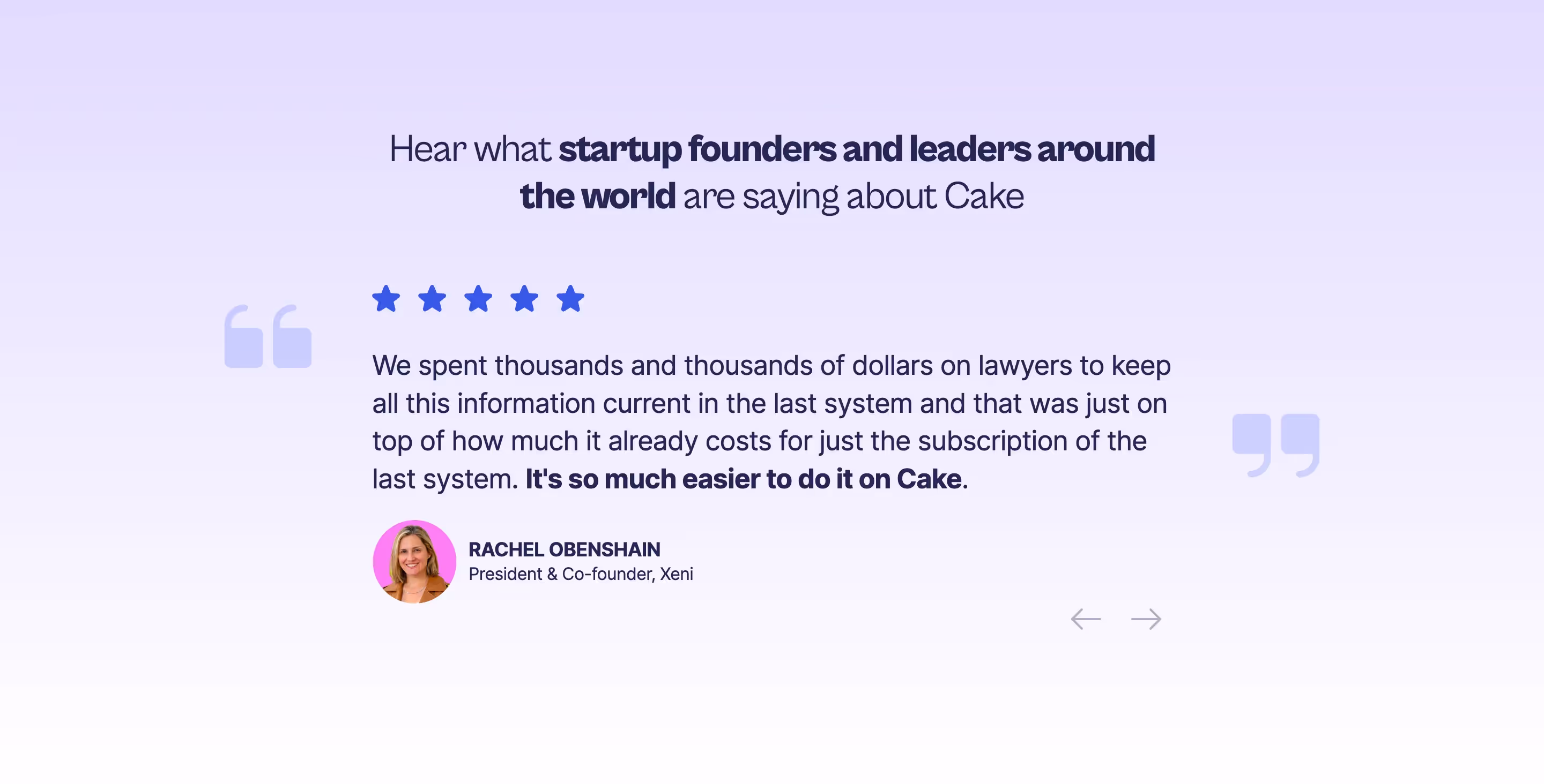 Cake Equity Testimonial Section