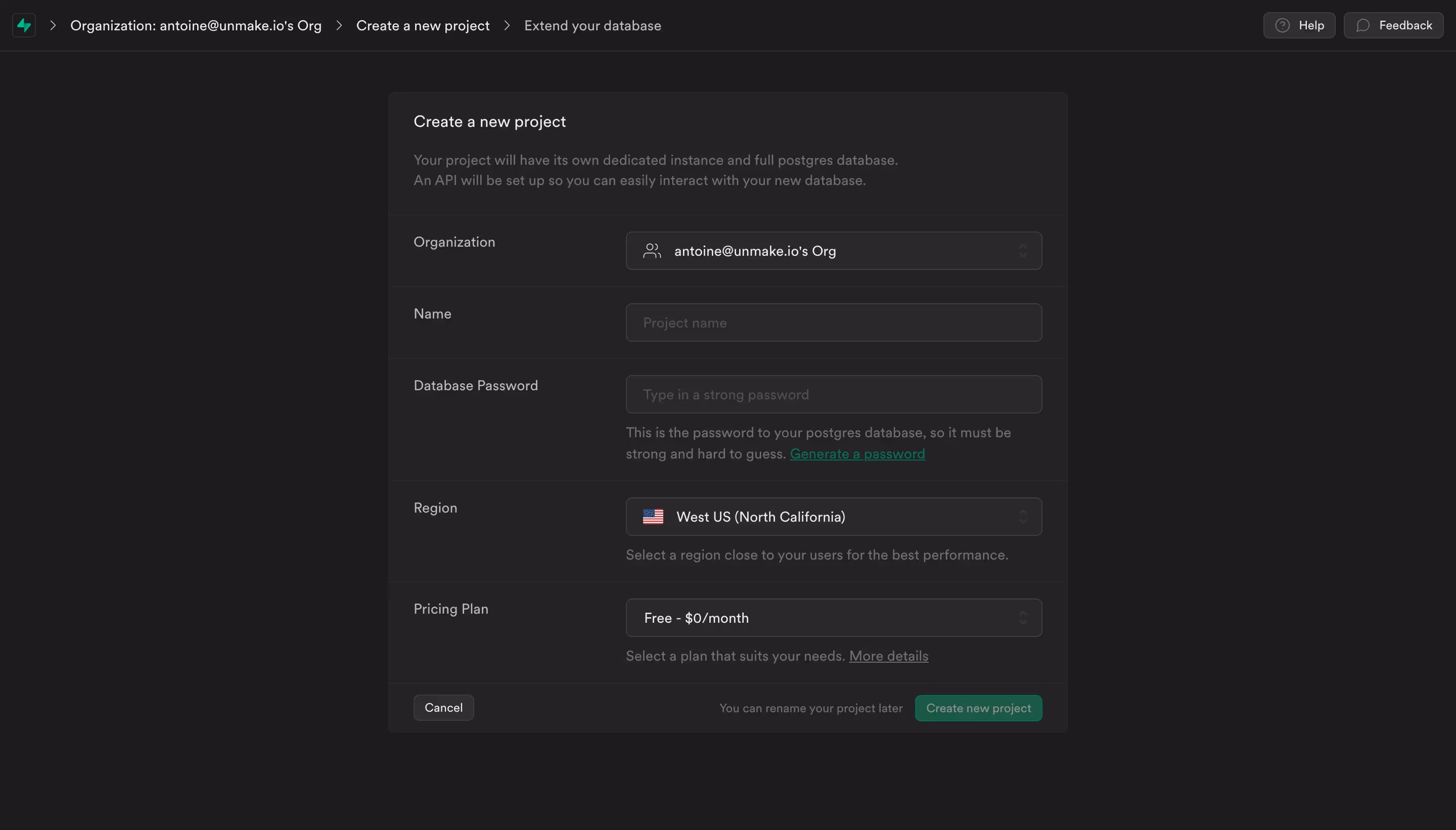 Supabase Create New Project