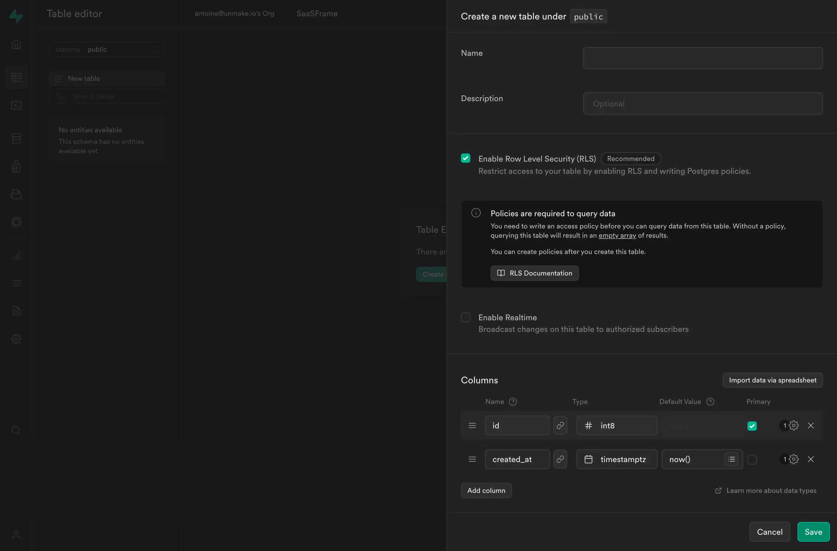 Supabase Create New Table
