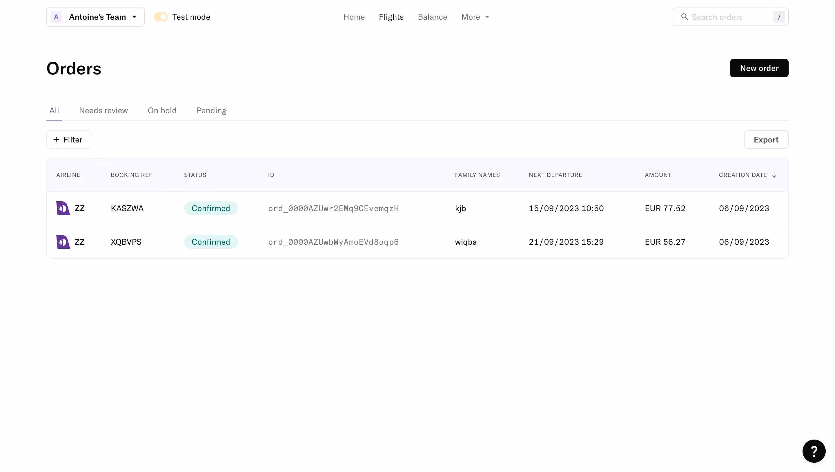 Duffel Order Dashboard