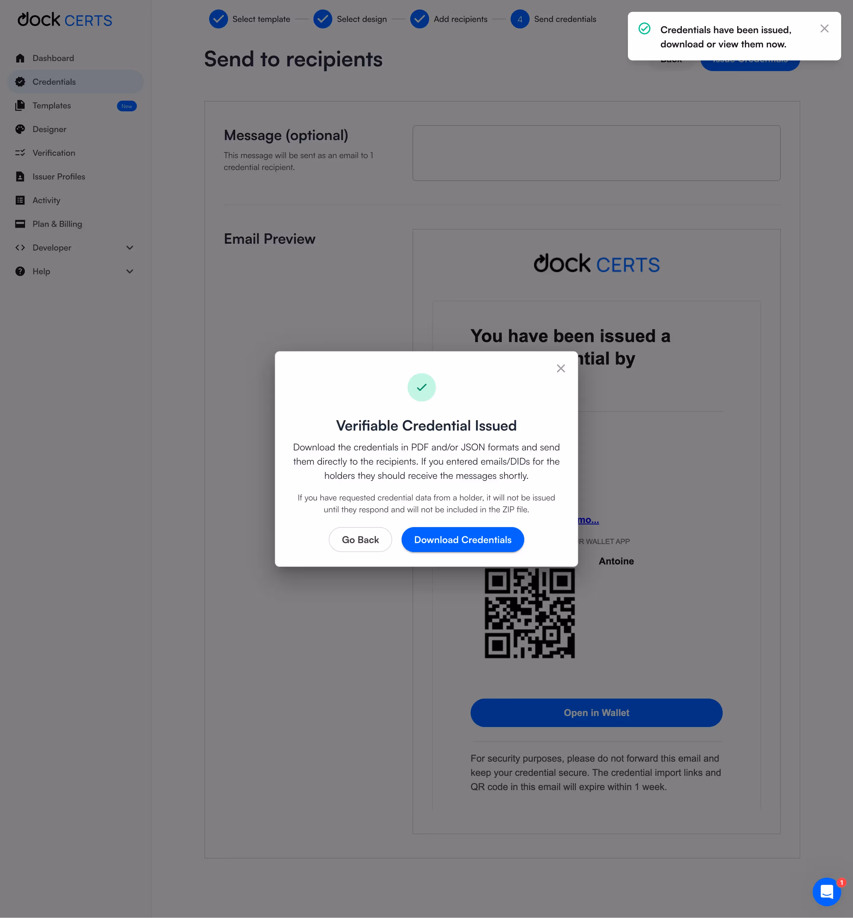 Dock Issuing Credentials Success
