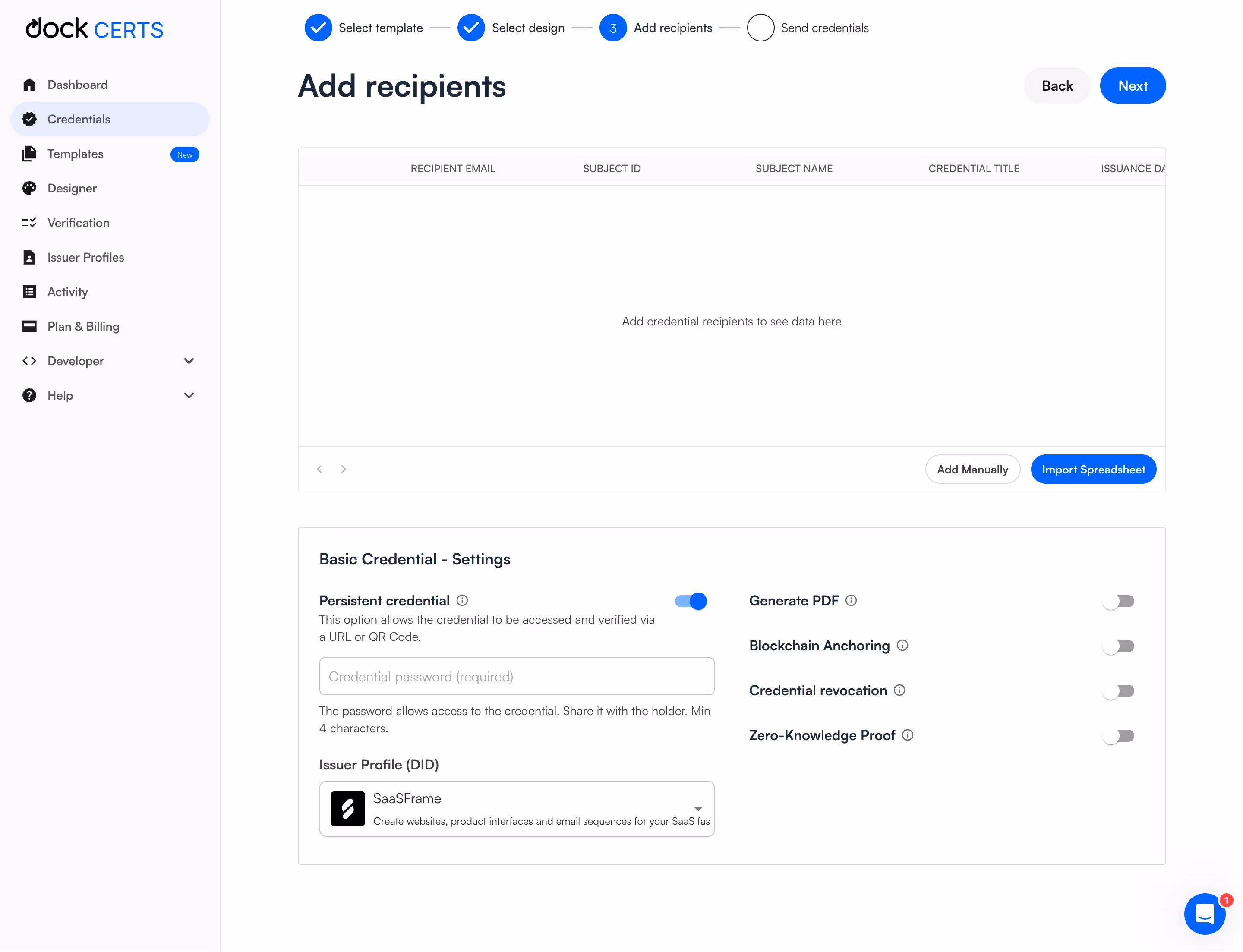 Dock Add Credential Recipiend