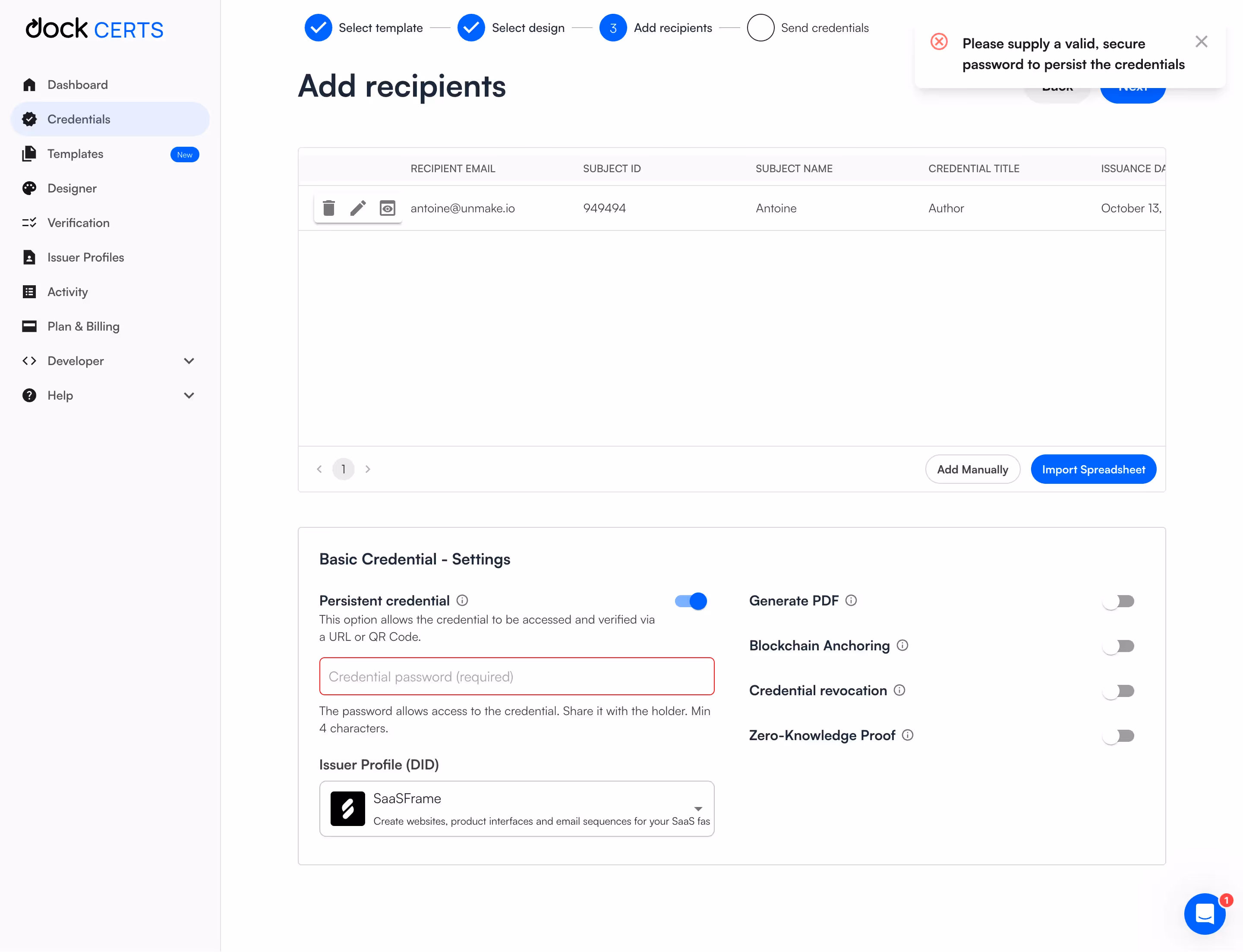 Dock Add Credential Recipiend