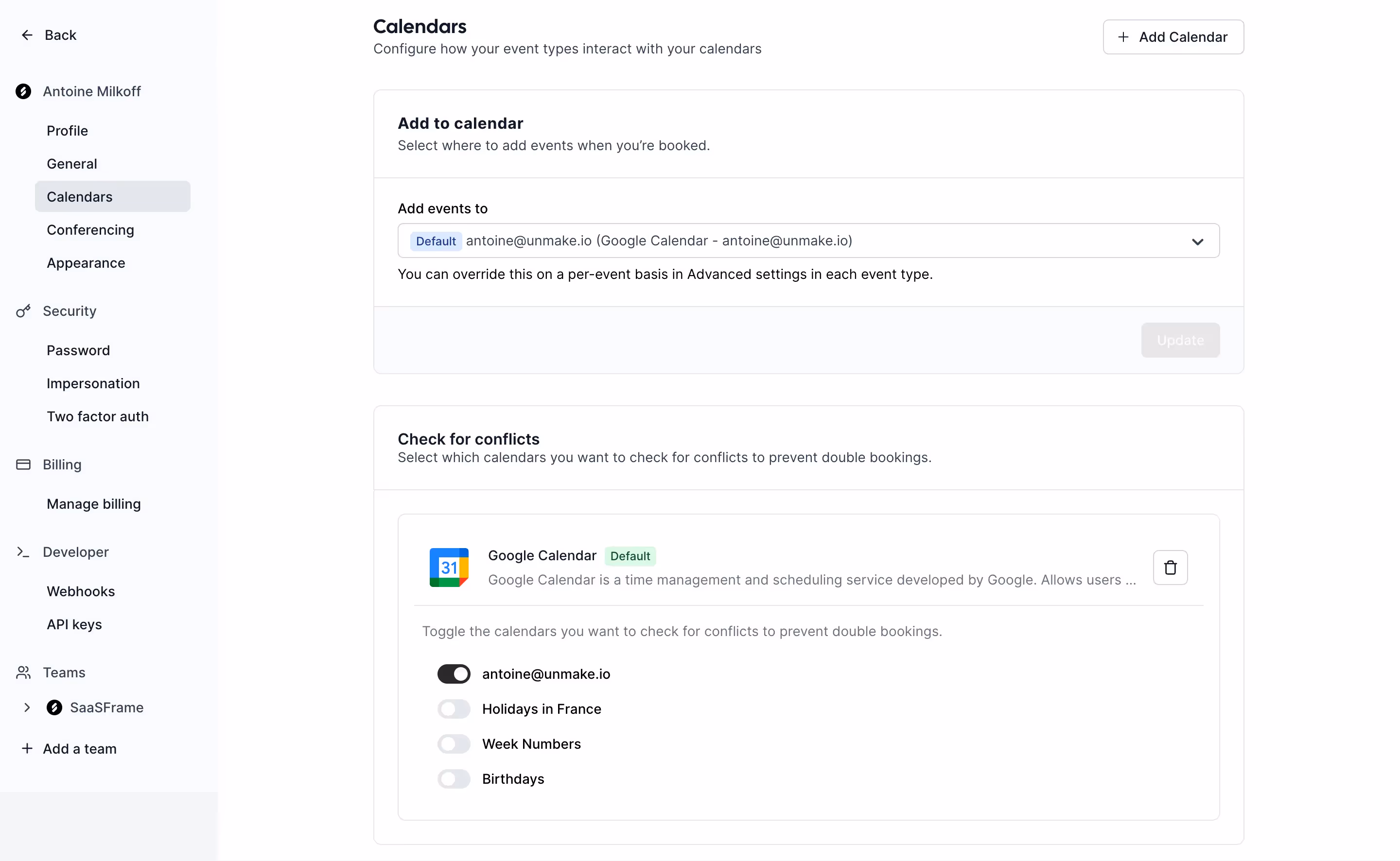 Cal.com Calendars Settings