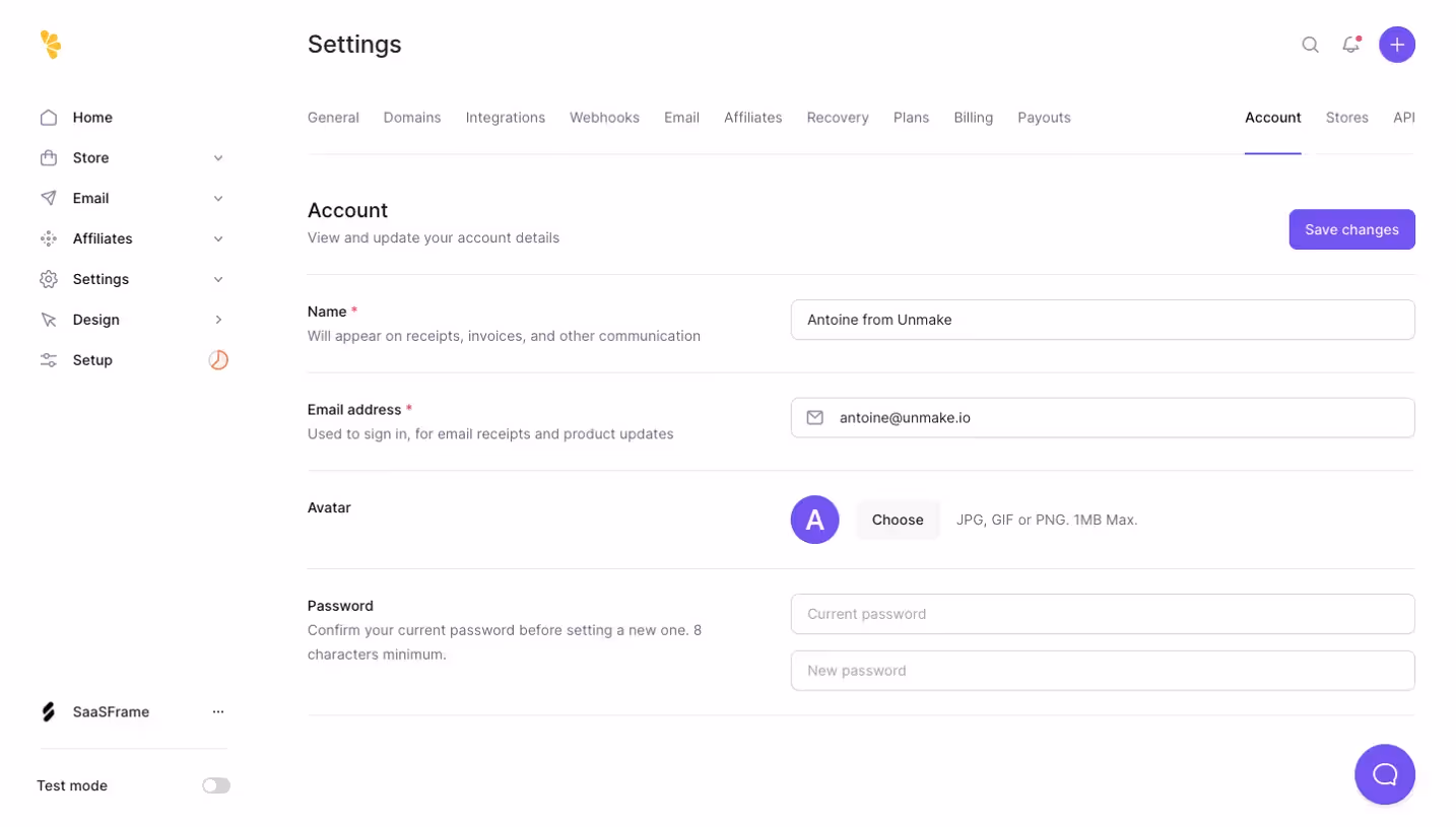 Lemon Squeezy Account Settings
