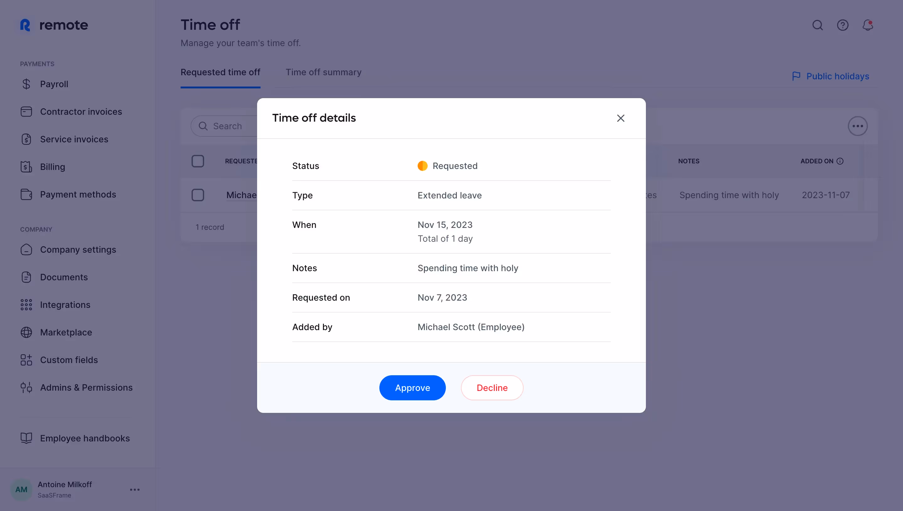 Remote Approve Time Off