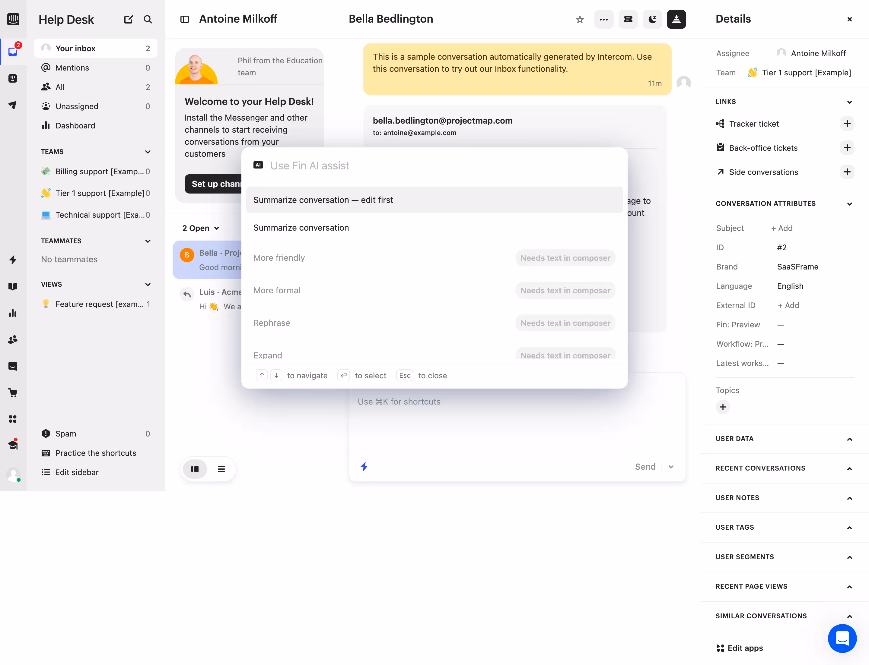 Intercom Use AI Assistant Modal