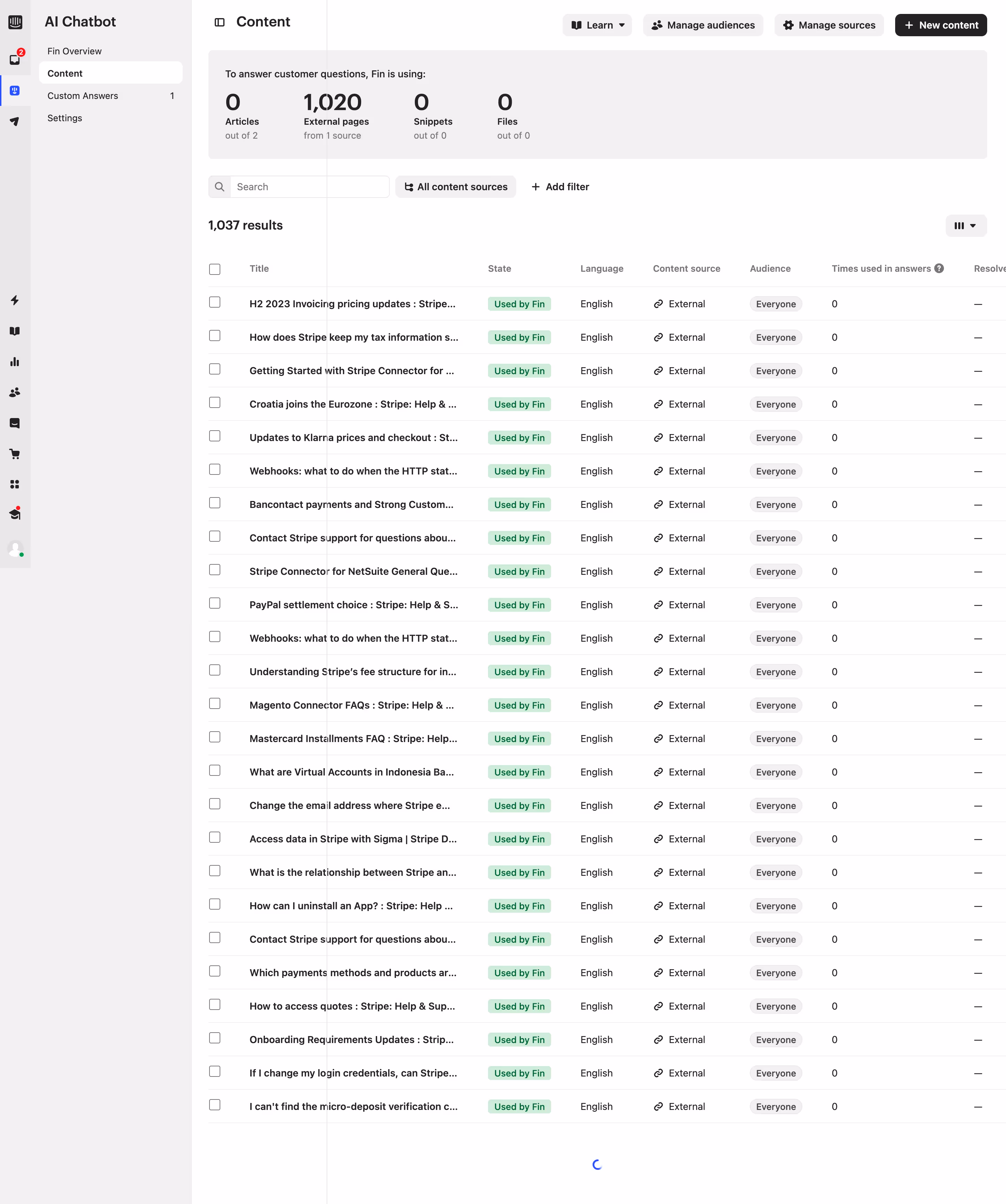 Intercom Content Table