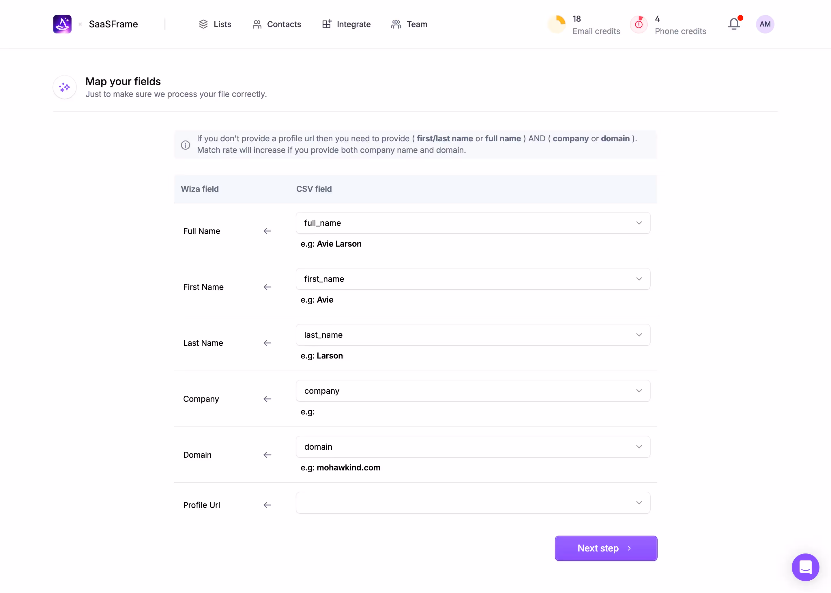 Wiza Import Data Mapping