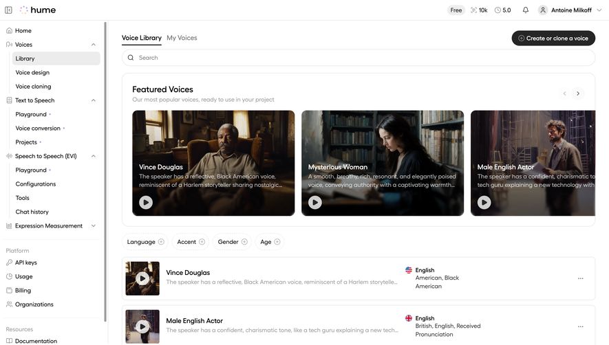 Hume AI Voices Library