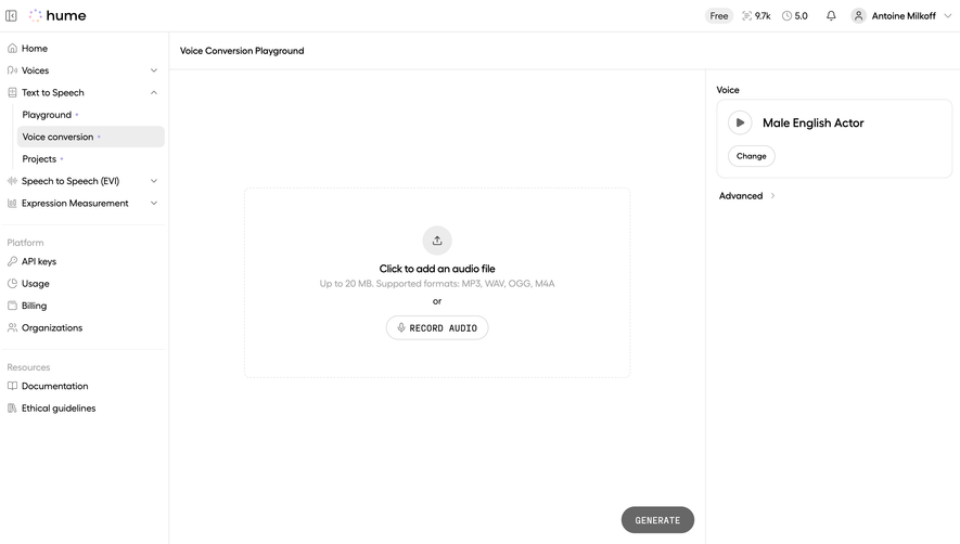 Hume AI Voice Conversion Playground