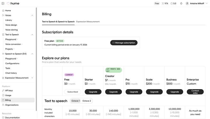 Hume AI Text to Speech Billing