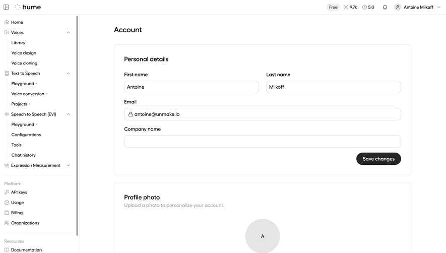 Hume AI Account Settings