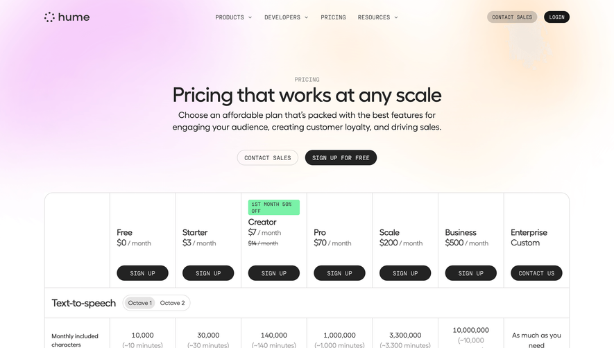 Hume AI Pricing Page
