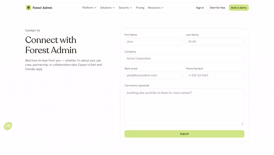 Forest Admin Contact Page