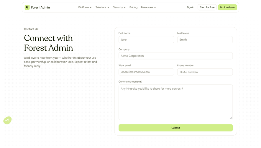Forest Admin Contact Page