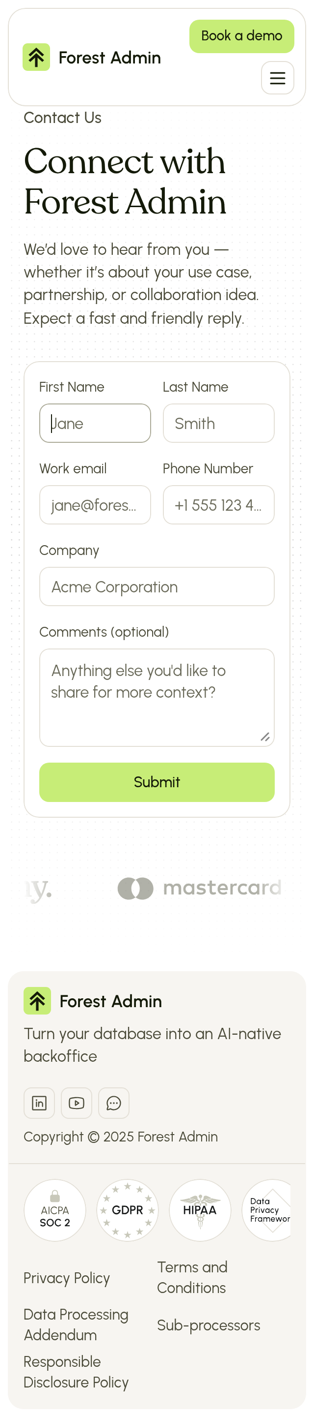 Forest Admin Contact Page