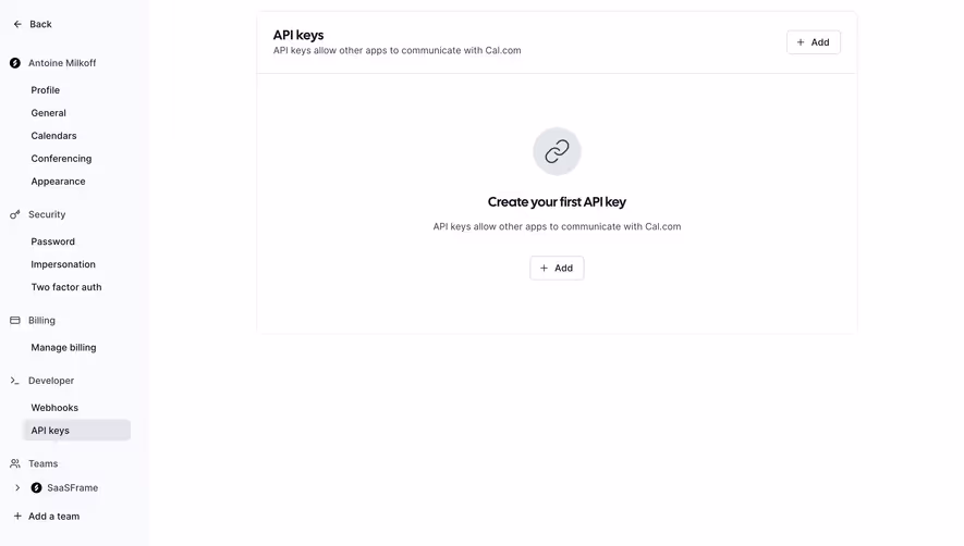 Cal.com API Keys Settings