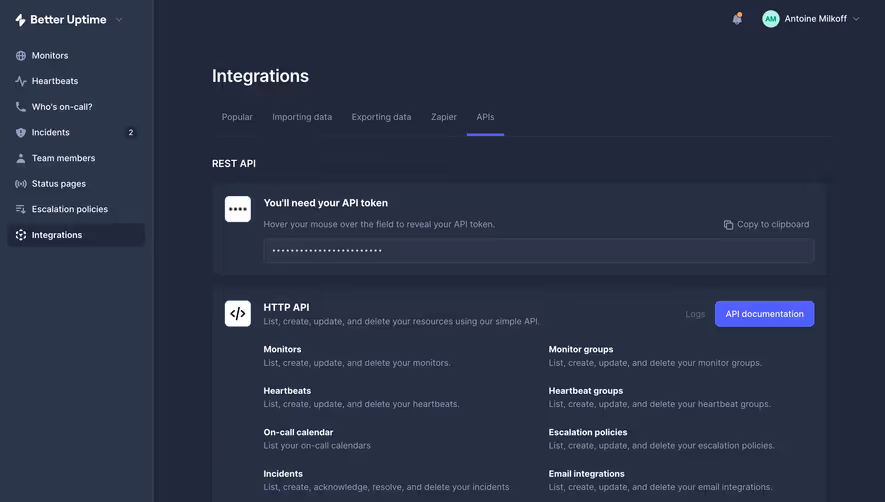 Better Stack etter Uptime API Settings