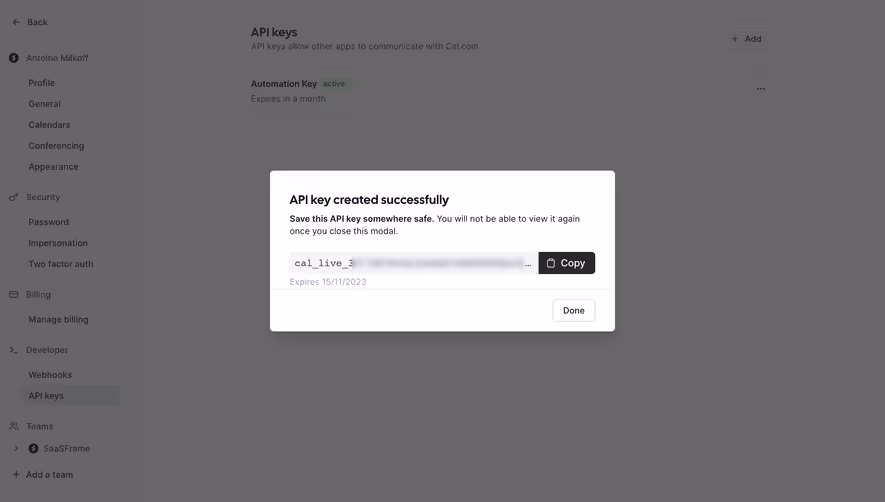 Cal.com Create API Keys