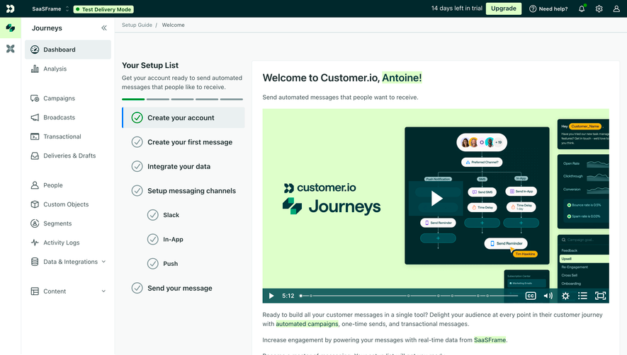 Customer.io Welcome Screen
