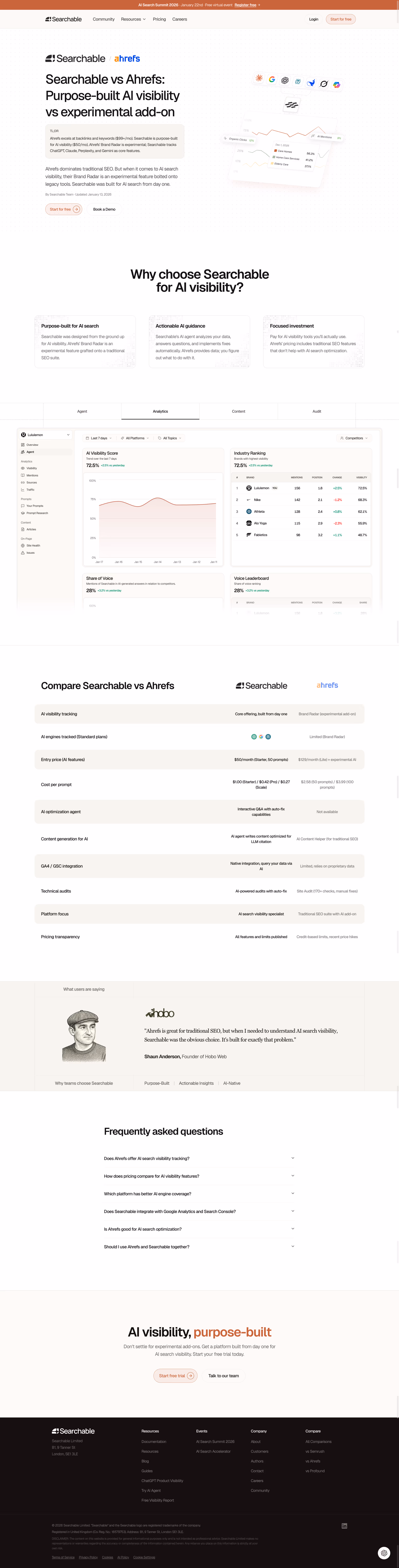 Searchable Comparison Page