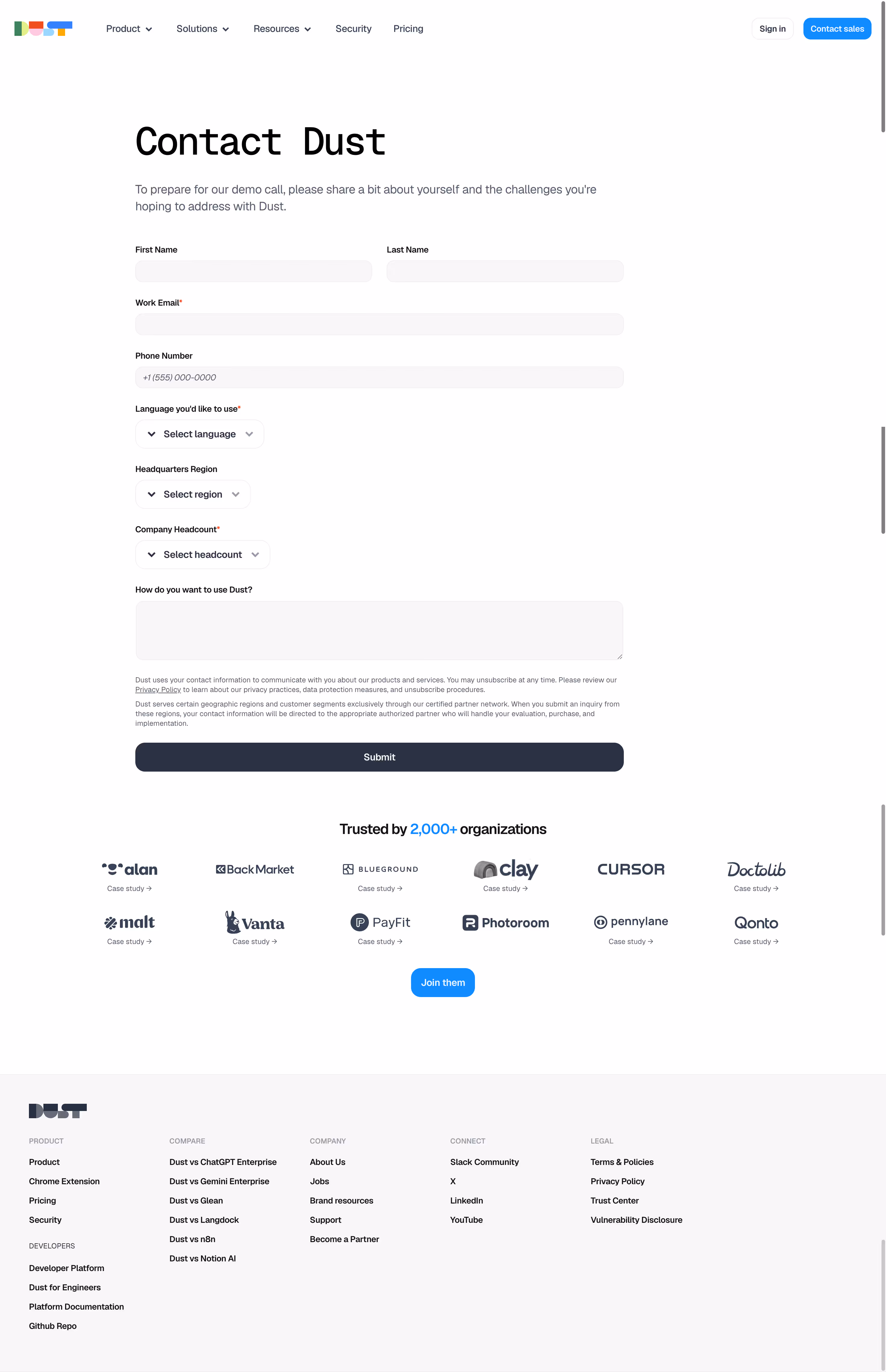 Dust Contact Page