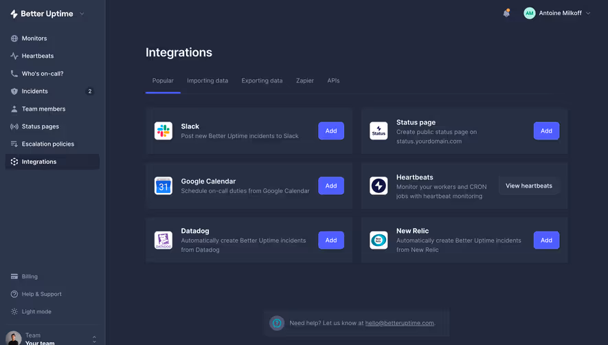 Better Stack etter Uptime Popular Integrations
