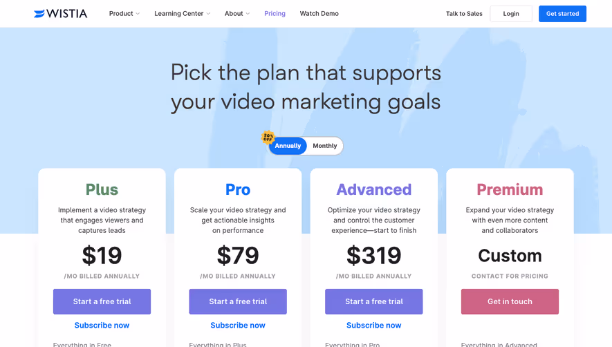 Wistia Pricing Page