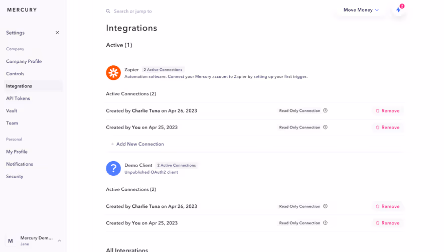 Mercury Integrations Settings