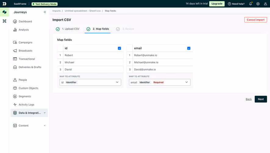 Customer.io Data Import Mapping