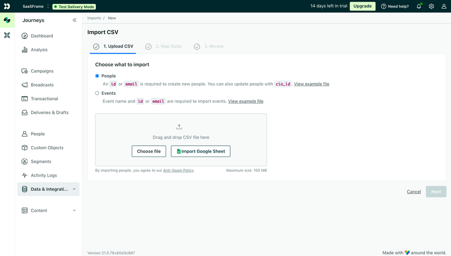 Customer.io Import CSV