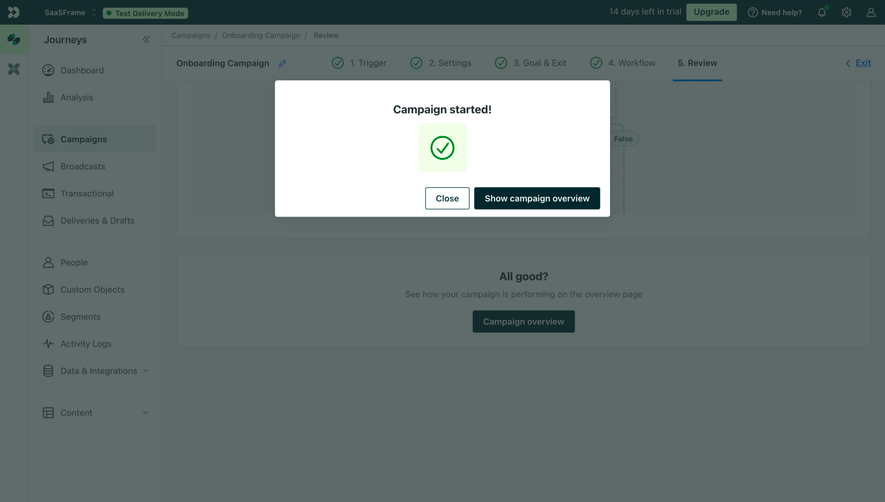 Customer.io Campaign Setup Success