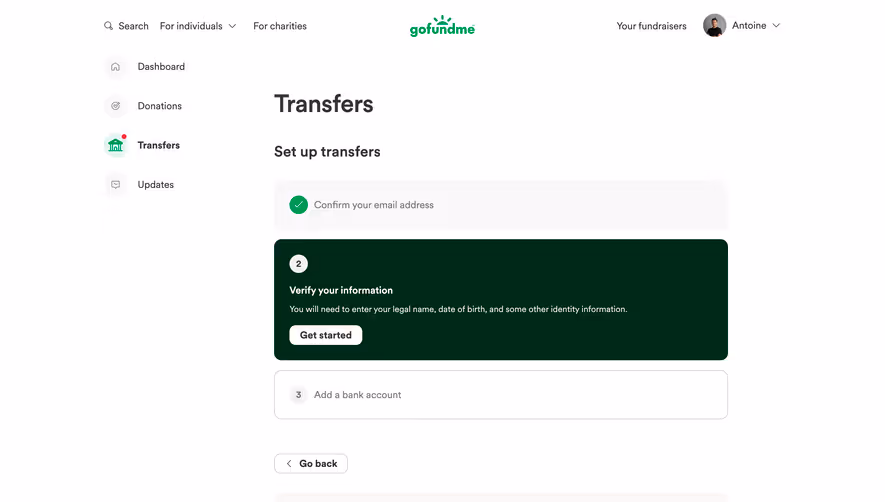 GoFundMe Setup Banking Transfers