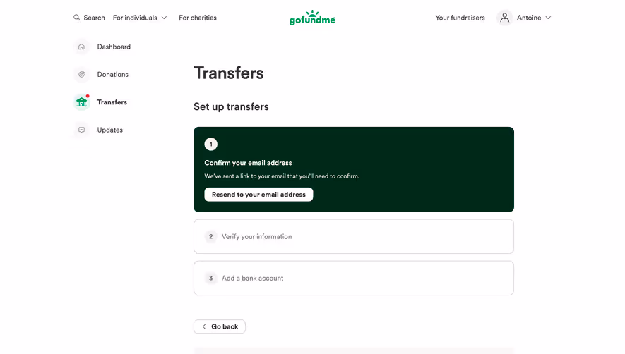 GoFundMe Setup Banking Transfers