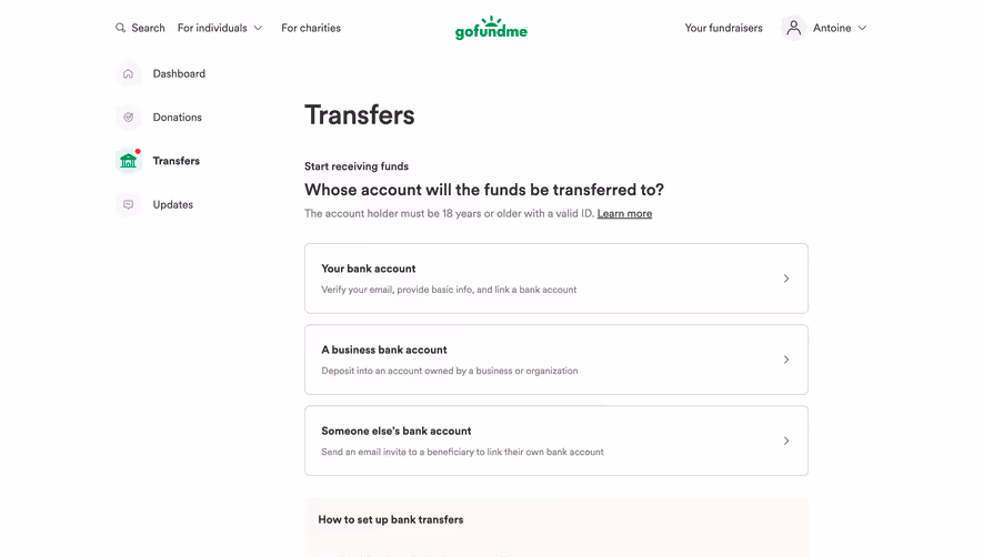 GoFundMe Setup Banking Transfers