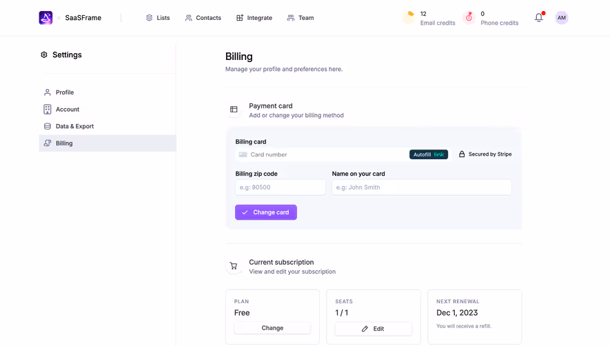 Wiza Billing Settings
